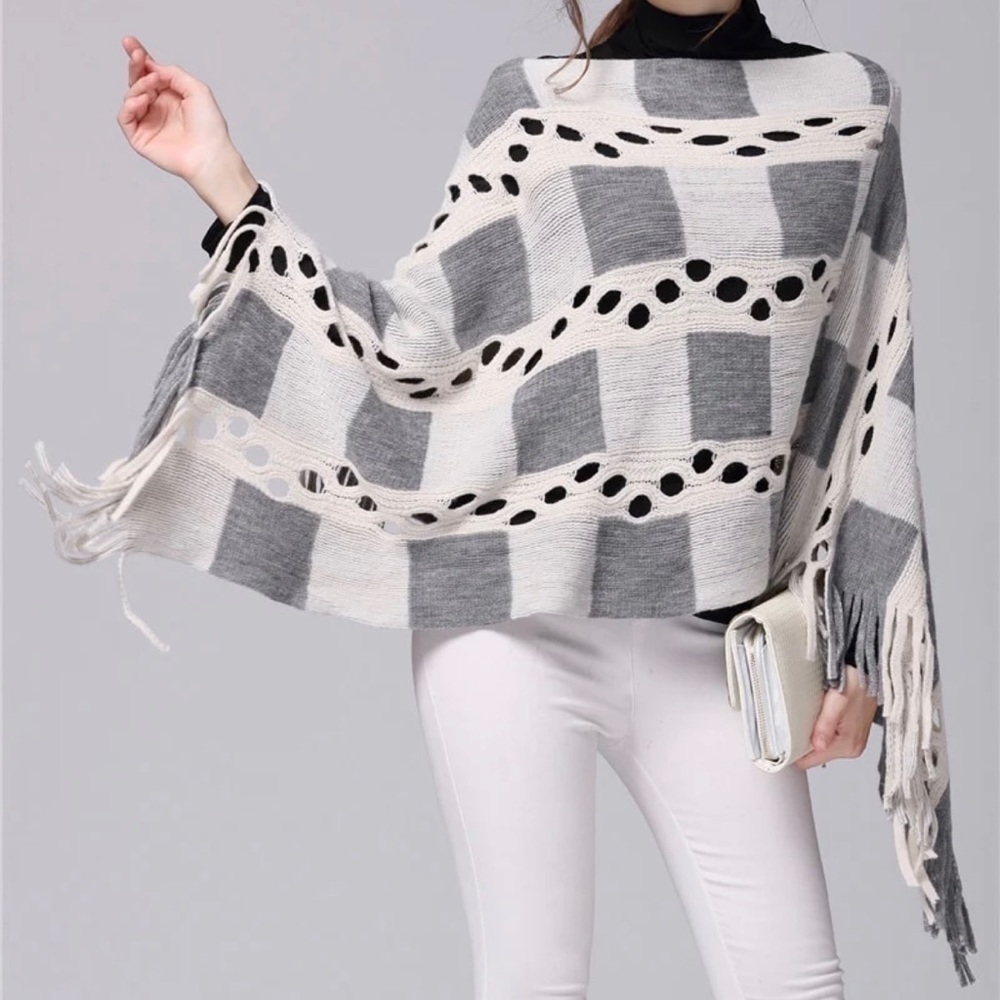 Pancho gray, cream knit geometric checks cutout cream stripe fringe One Size‌‍‍‍
